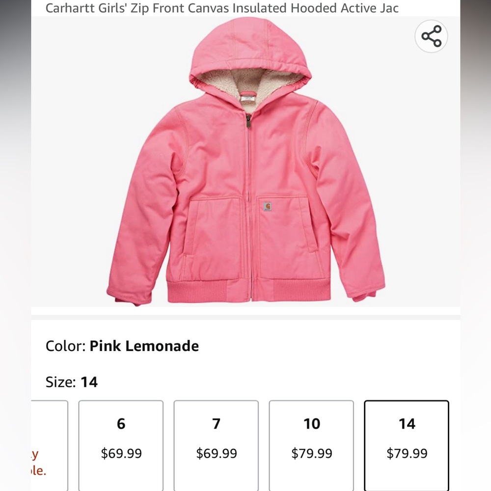 New Carhartt Girls' Zip Front Canvas Insulated Hooded Active Jac